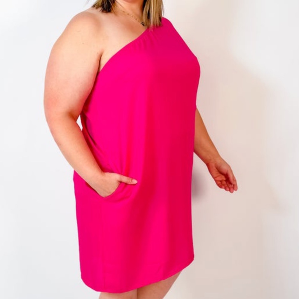 White Birch one shoulder magenta dress with pockets